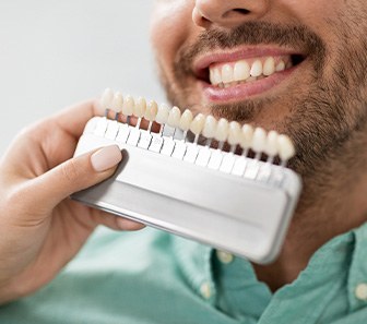 A dentist assessing a young, bearded man for teeth whitening